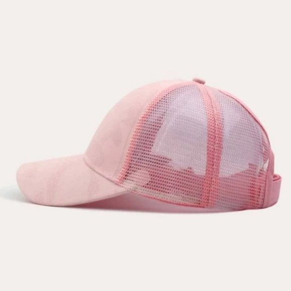 Pink  Camo Print Messy hair/ponytail mesh black baseball cap - Picture 3 of 3